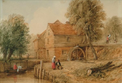 Figures by a mill