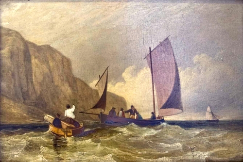 Two boats with figures at sea, cliffs and third boat beyond